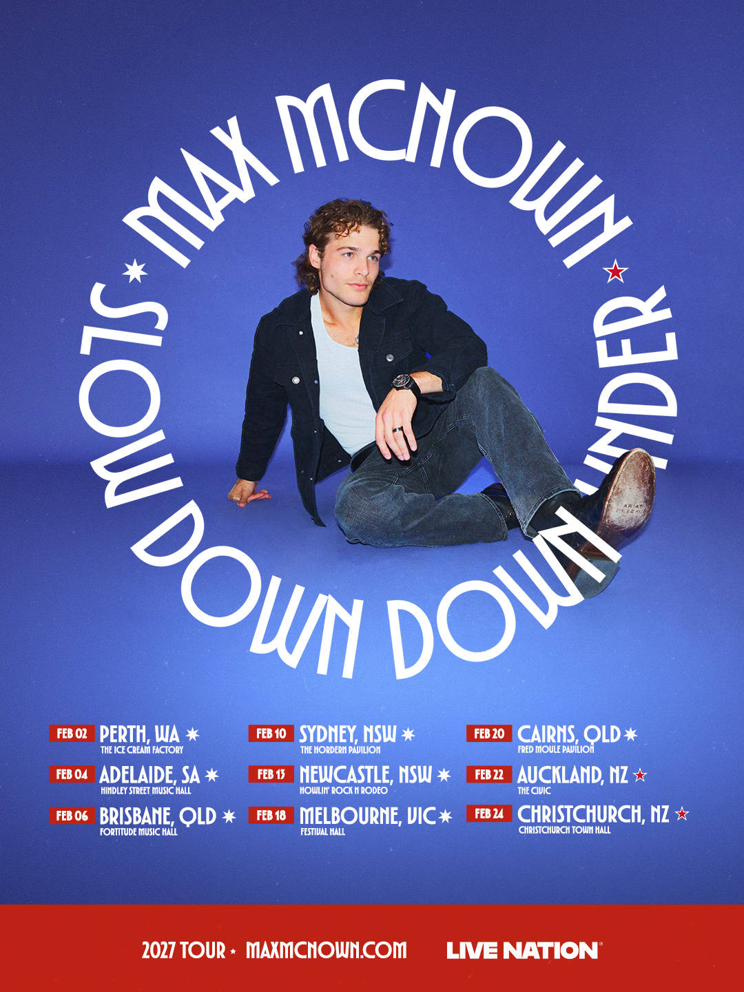 Max McNown Slow Down Down Under 2027 Tour poster featuring the singer on a blue background with Australian and New Zealand concert dates.